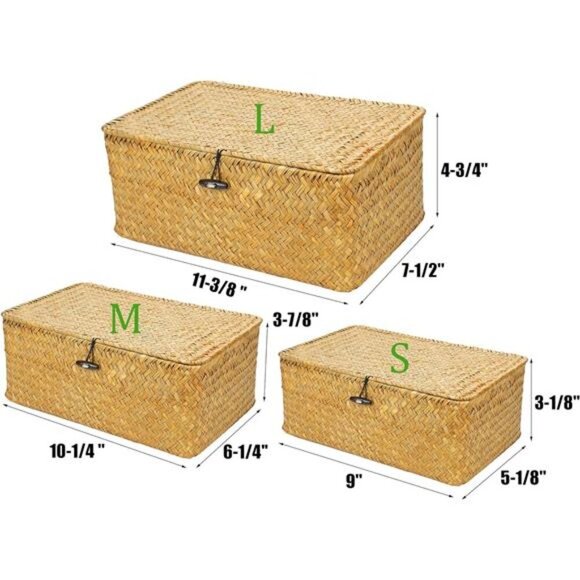 Shelf Baskets with Lid Set of 3, Handwoven Seagrass Storage Bins Box Rectangular - Picture 2 of 7